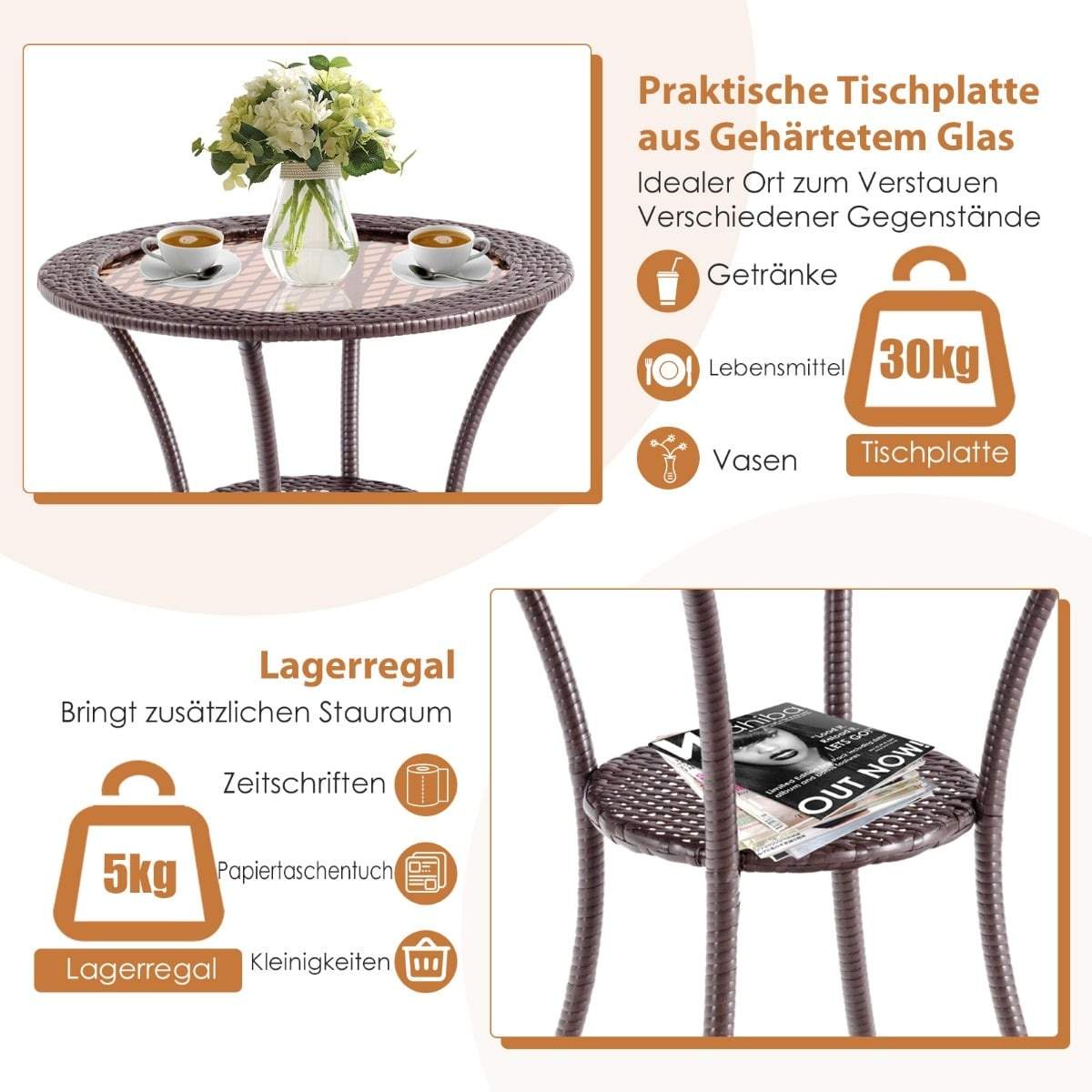 Runt rottingbord med glasskiva och hyllplan | Hem & Hobby | Pryloteket