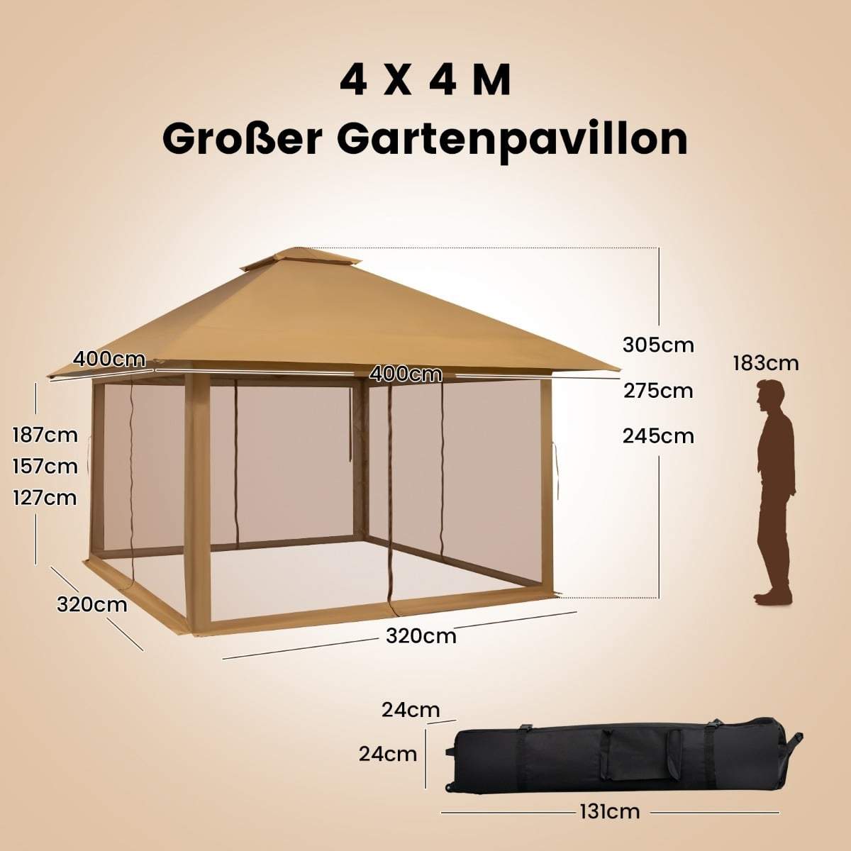 Pop-up udendørs pavillon, 4x4m, UV-beskyttelse, netvægge