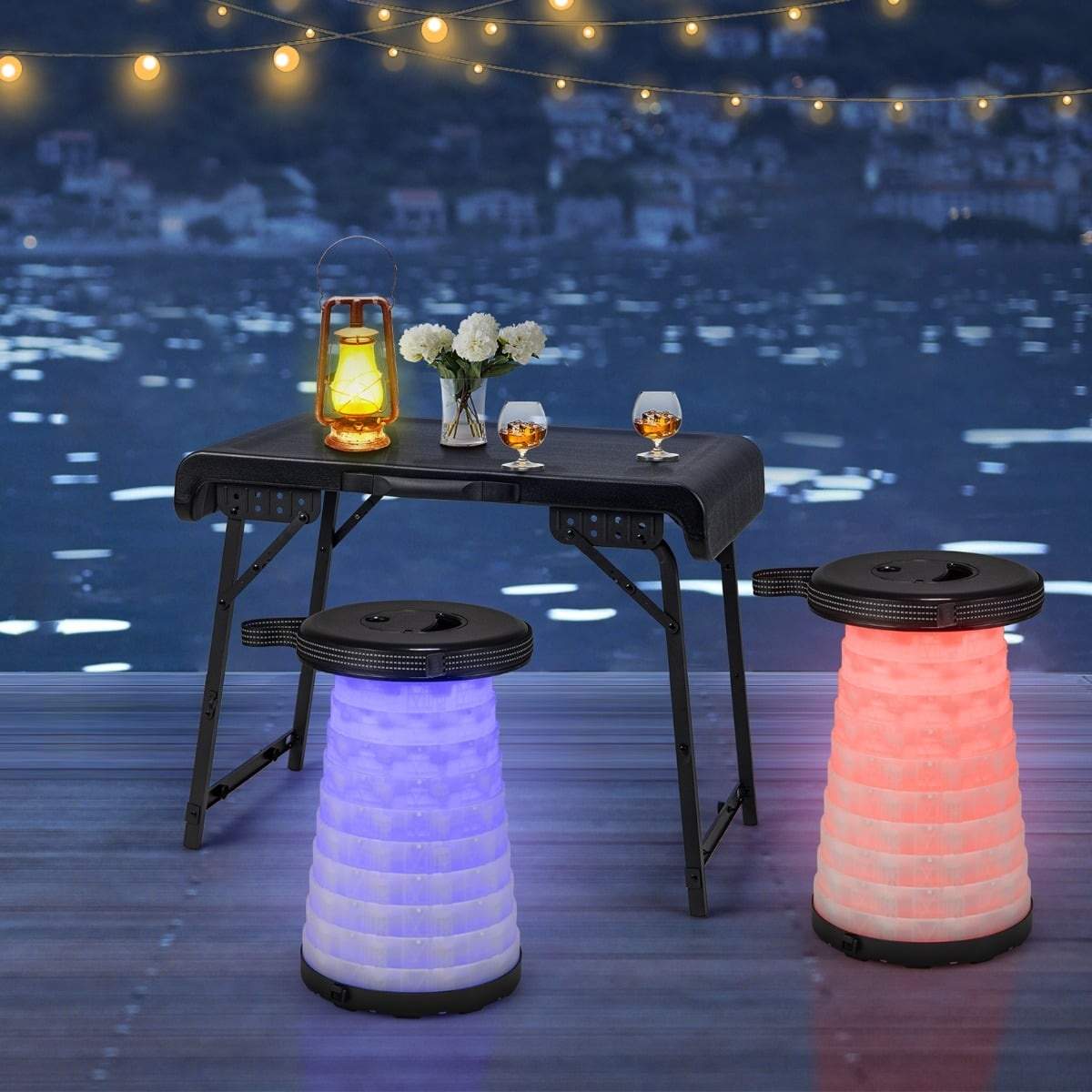 Bærbart campingbord og 2 LED-tabuer – justerbar højde