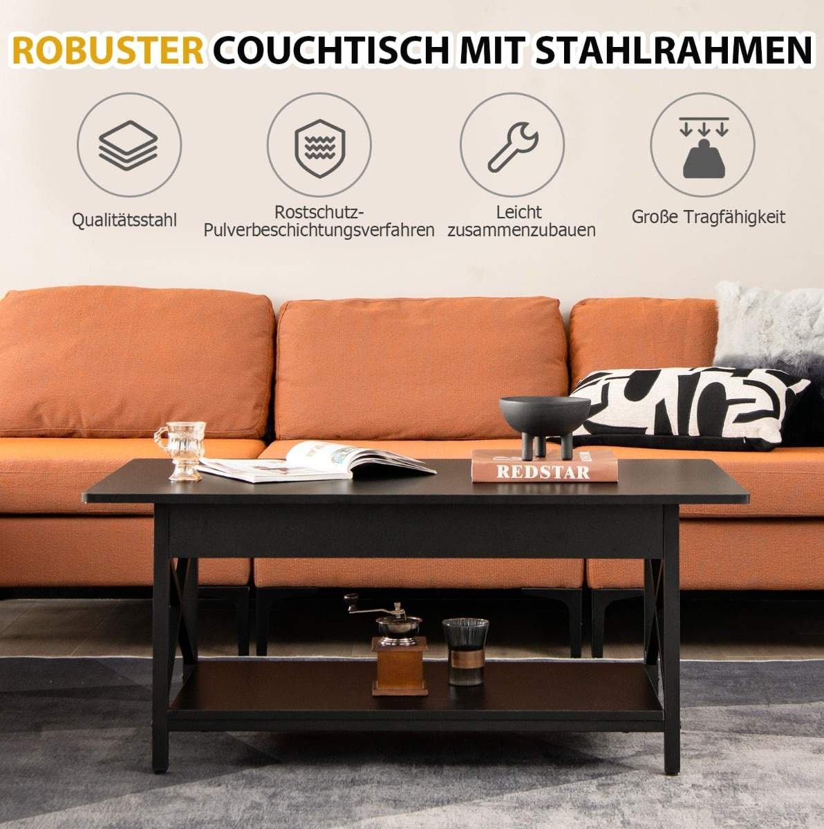 Industrielt sofabord med hylde og metalstel – sort