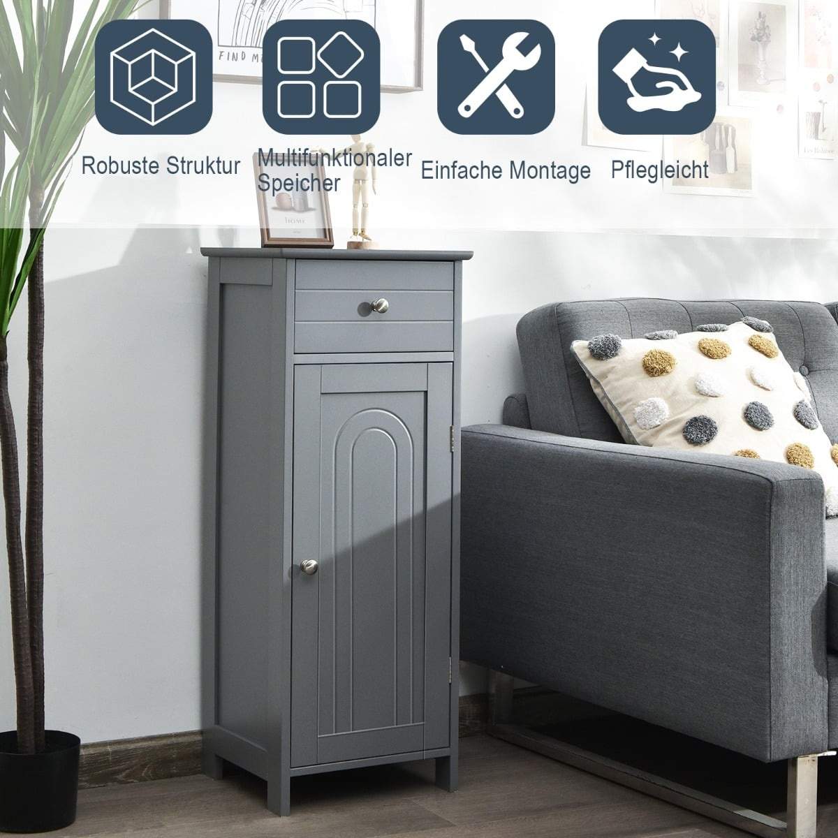 Badrumsskåp med låda och justerbara hyllor, grå | Hem & Hobby | Pryloteket