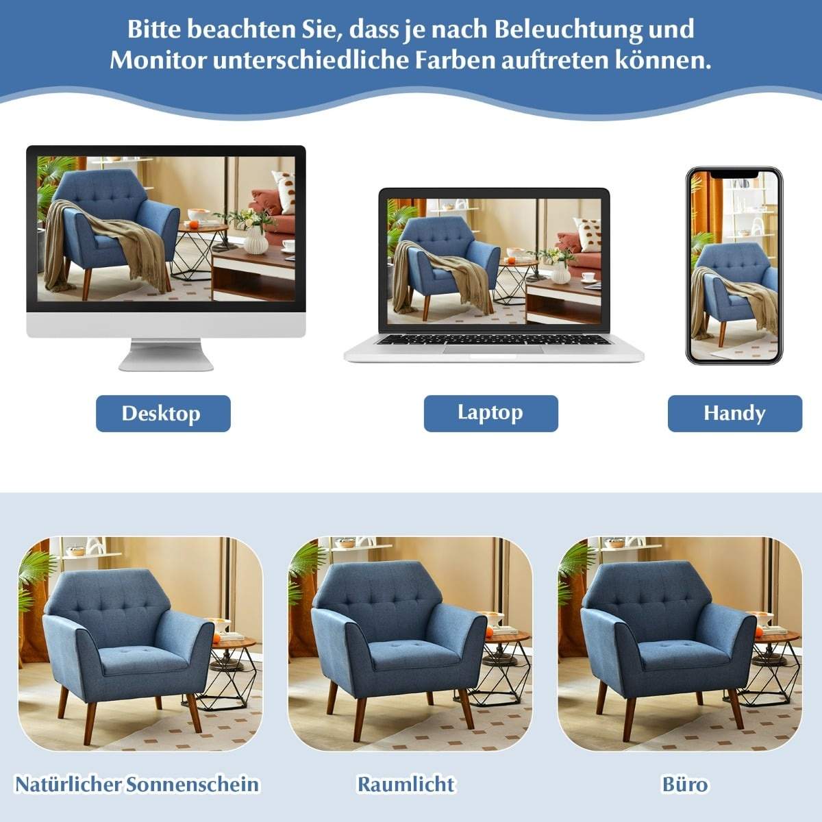 Blå tuftet loungestol – Ergonomisk, blød, 76x74x84 cm