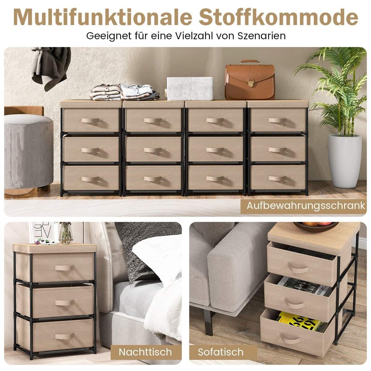 Brunt natbord med 3 stofskuffer – metalramme, 40x30x62 cm