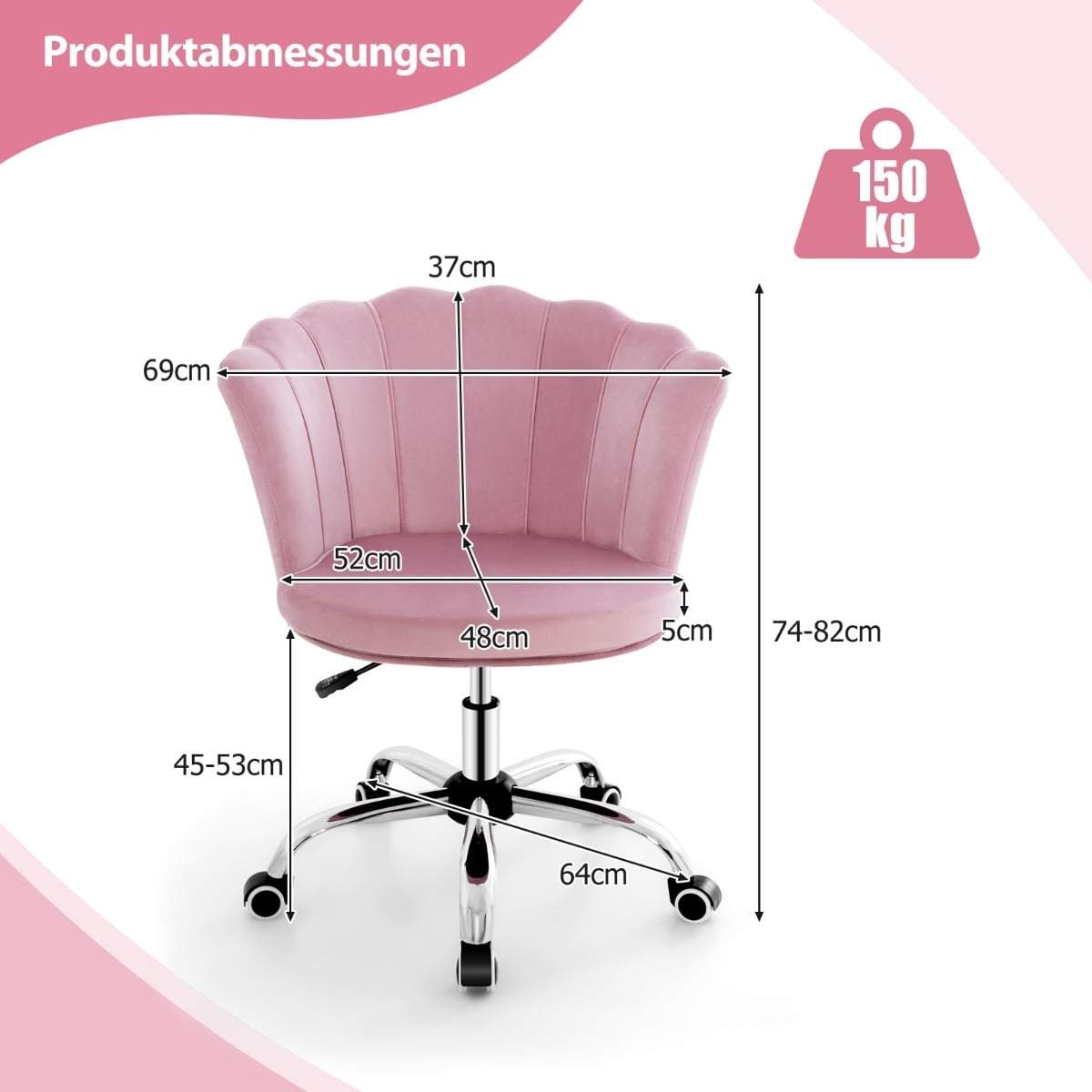 Justerbar fløjlskontorstol – Ergonomisk, lyserød, 360° drejelig