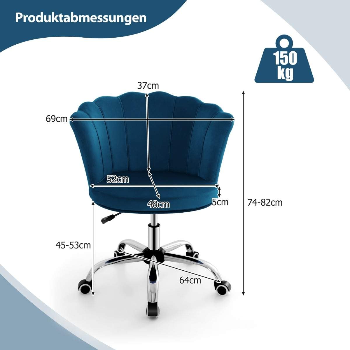 Justerbar kontorsstol i sammet – ergonomisk, 360 graders vridbar, blå | Hem & Hobby | Pryloteket