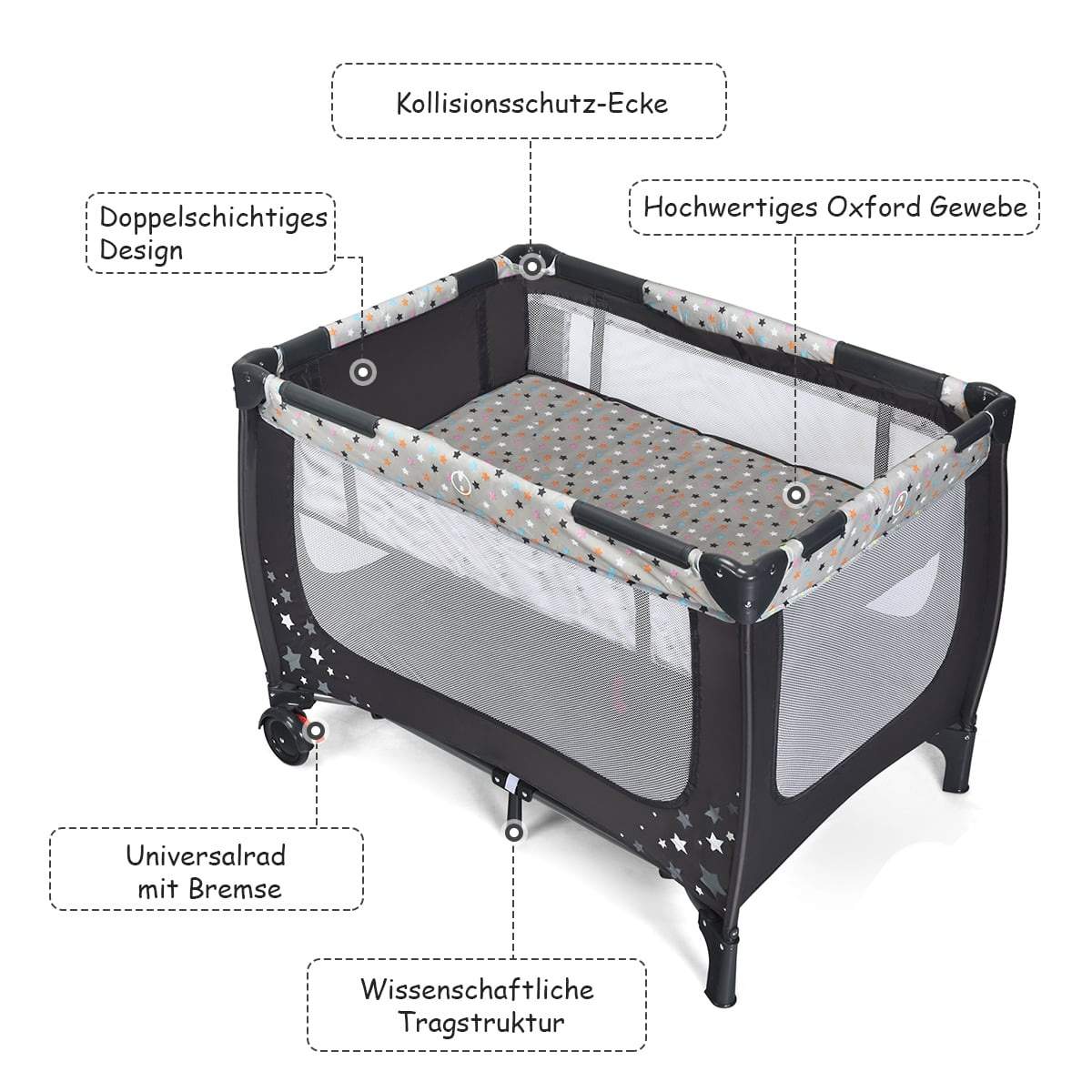2-i-1 Bærbar Babyseng & Kravlegård, Sammenklappelig, Grå