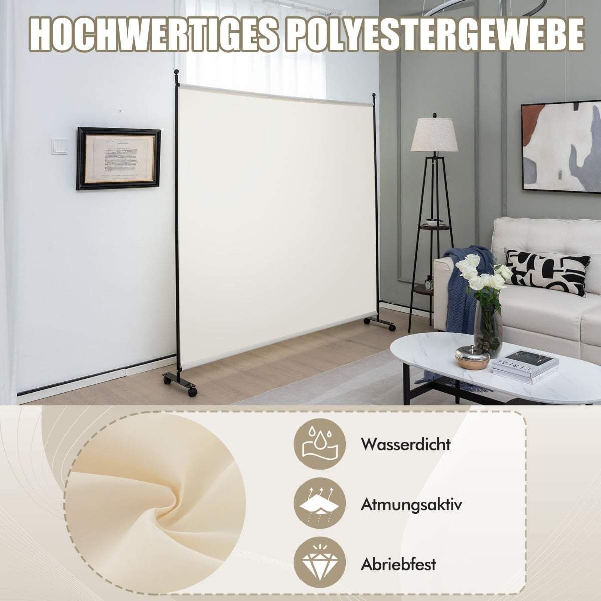 Rumsavdelare med hjul – Beige, 184 x 30 x 184 cm | Hem & Hobby | Pryloteket