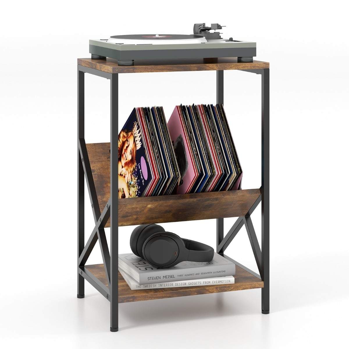 3-lags sidebord med V-formet magasinhylde, rustik brun