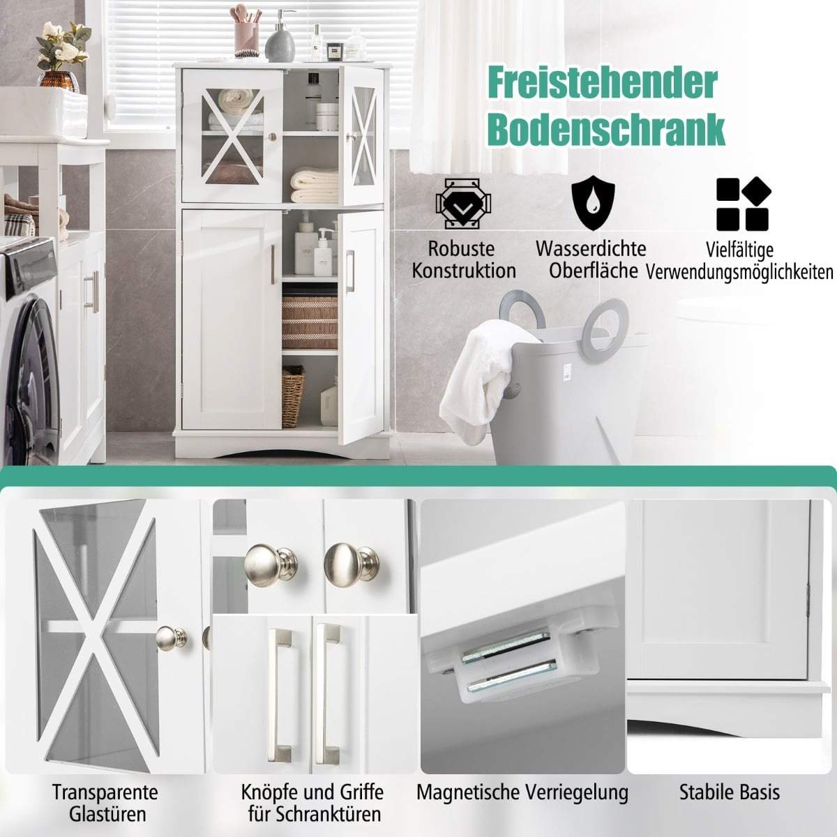 Badrumsförvaringsskåp – Justerbara hyllor, glasdörrar | Hem & Hobby | Pryloteket