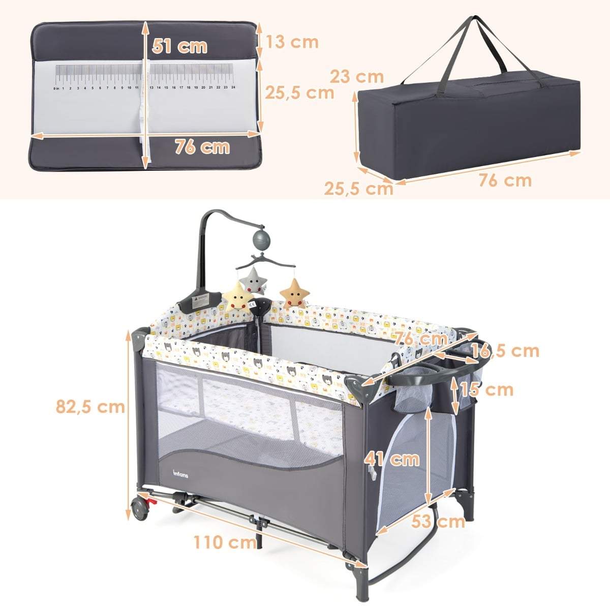 5-i-1 babyseng med madras, puslebord og uro
