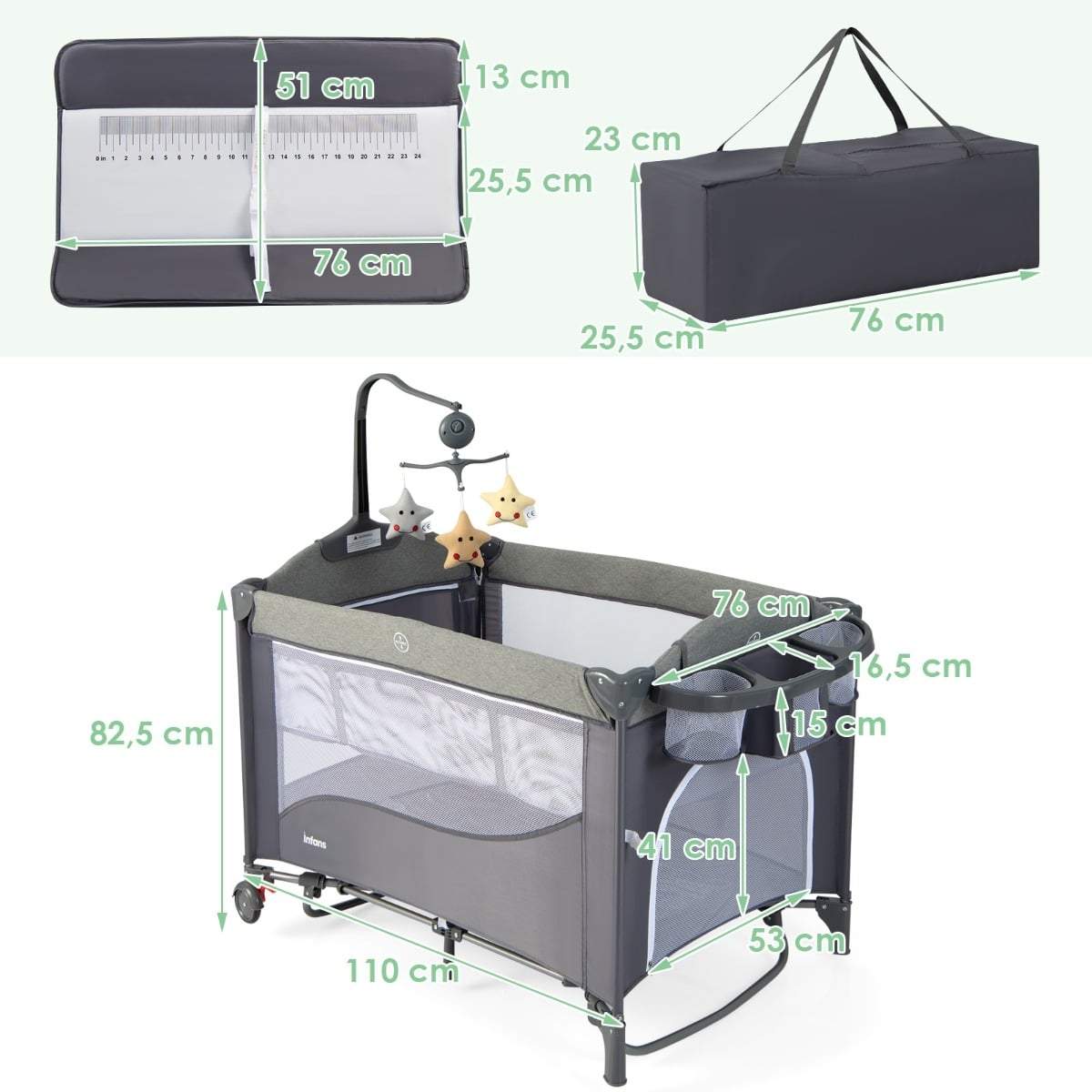 5-i-1 babyseng med madras, puslebord og legetøj
