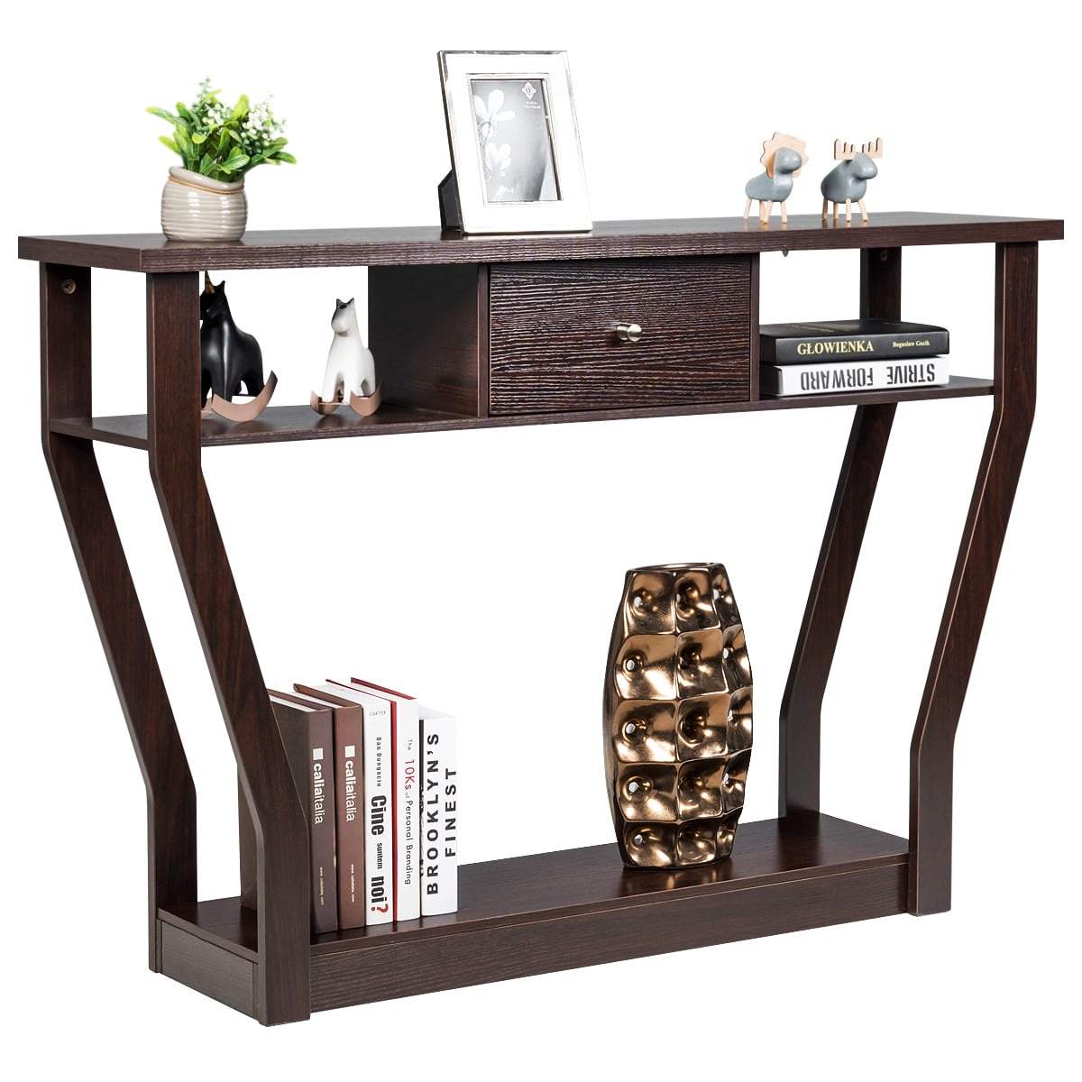 Konsolbord med skuffe og hylder – brun MDF, 120x30x81 cm