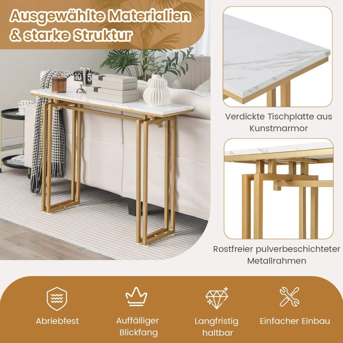Konsolbord med bordplade i imiteret marmor, 110 cm – Hvid & Guld