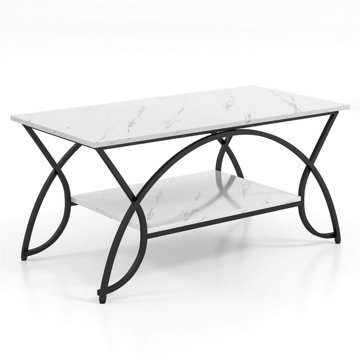 Moderne sofabord i marmorlook – hvid og guld, opbevaring i 2 niveauer