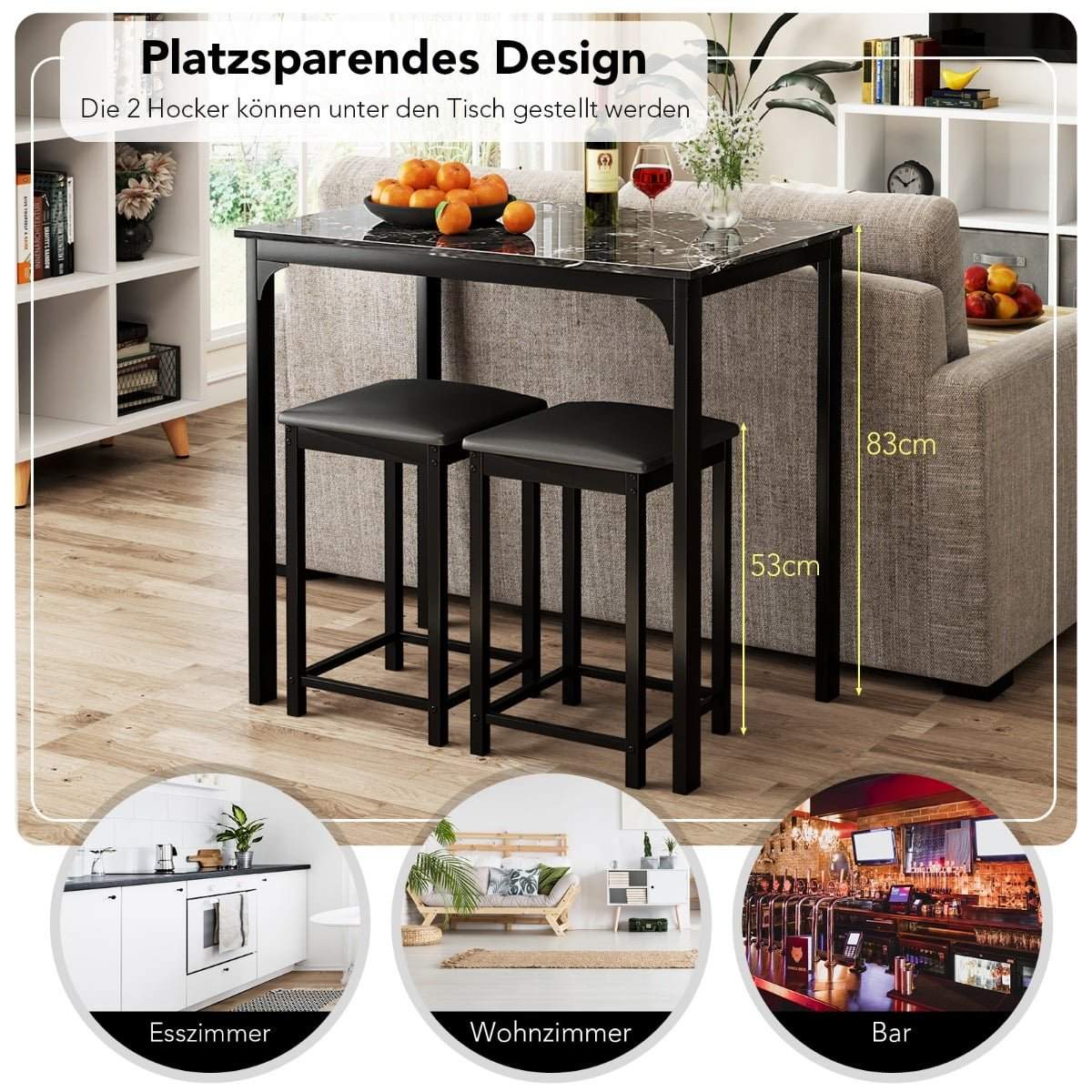 3-delt barbordssæt med polstrede skamler – grå