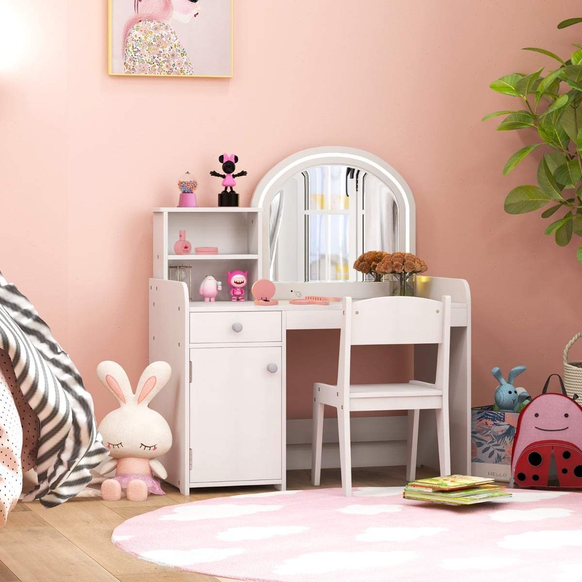 Børne sminkebordssæt med LED-spejl og opbevaring