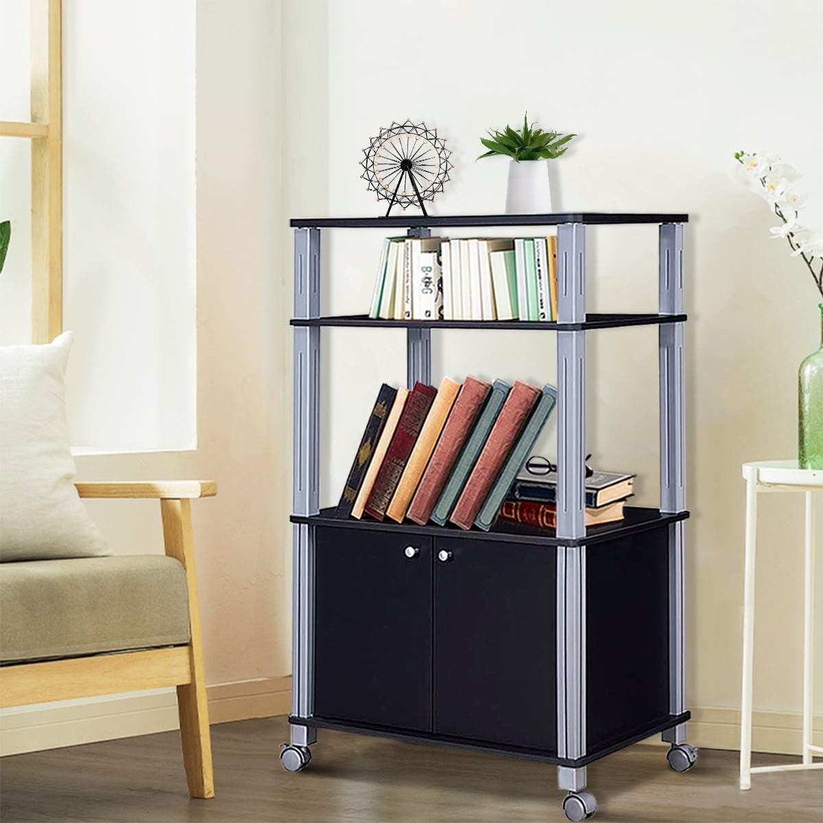 Mikrovågsvagn med 3 hyllor och skåp – svart MDF | Hem & Hobby | Pryloteket