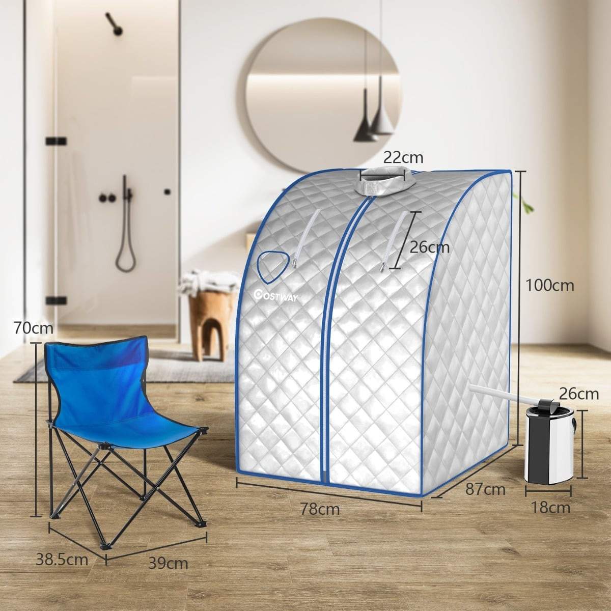 Bærbar dampsauna, 3L 1000W, fjernbetjening og tilbehør