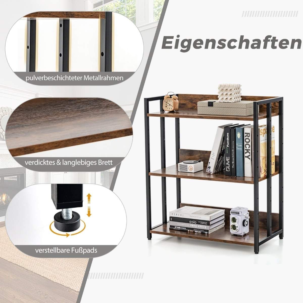 3-lags bogreol med justerbare hylder og metalramme