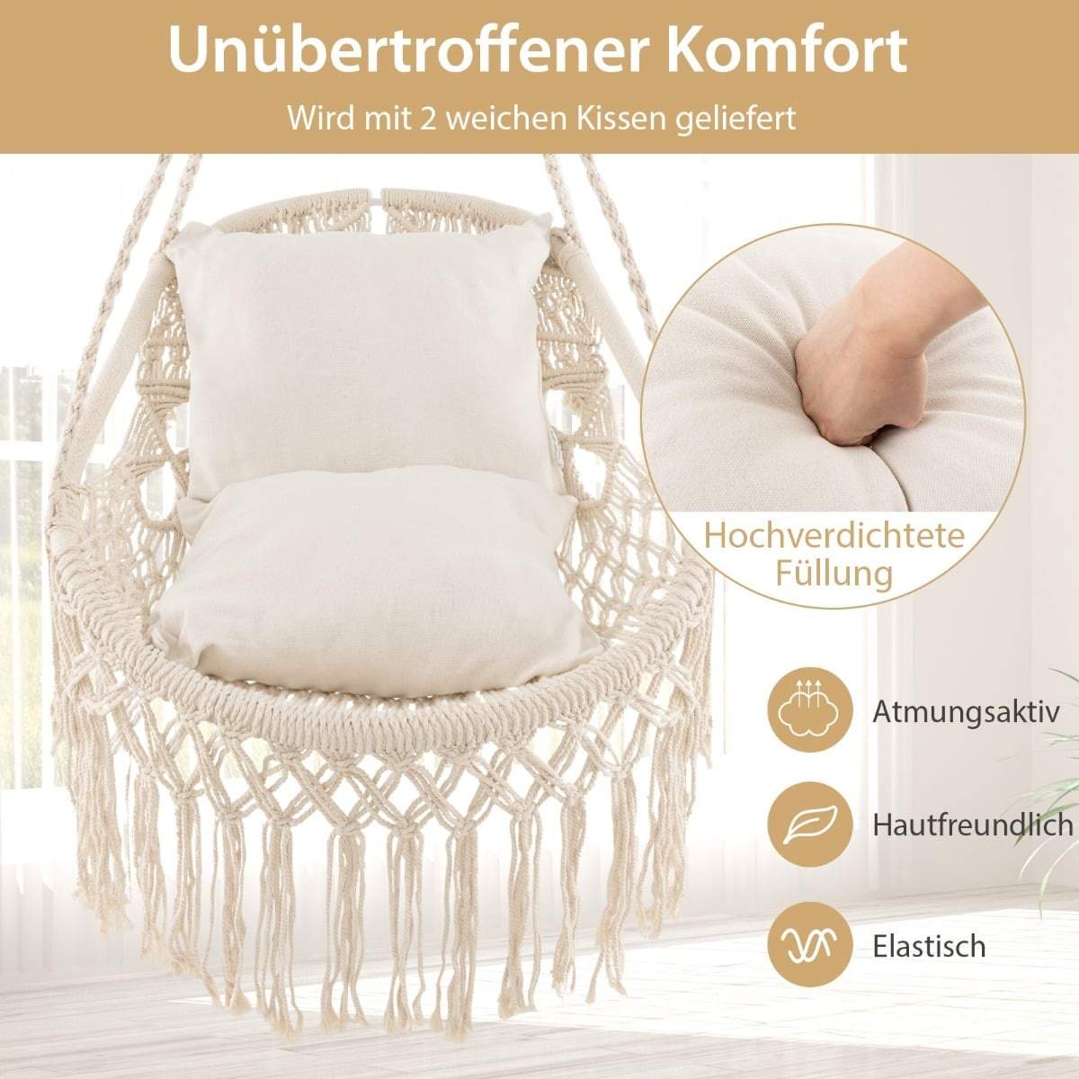 Beige hængestol med 2 hynder, 150 kg kapacitet