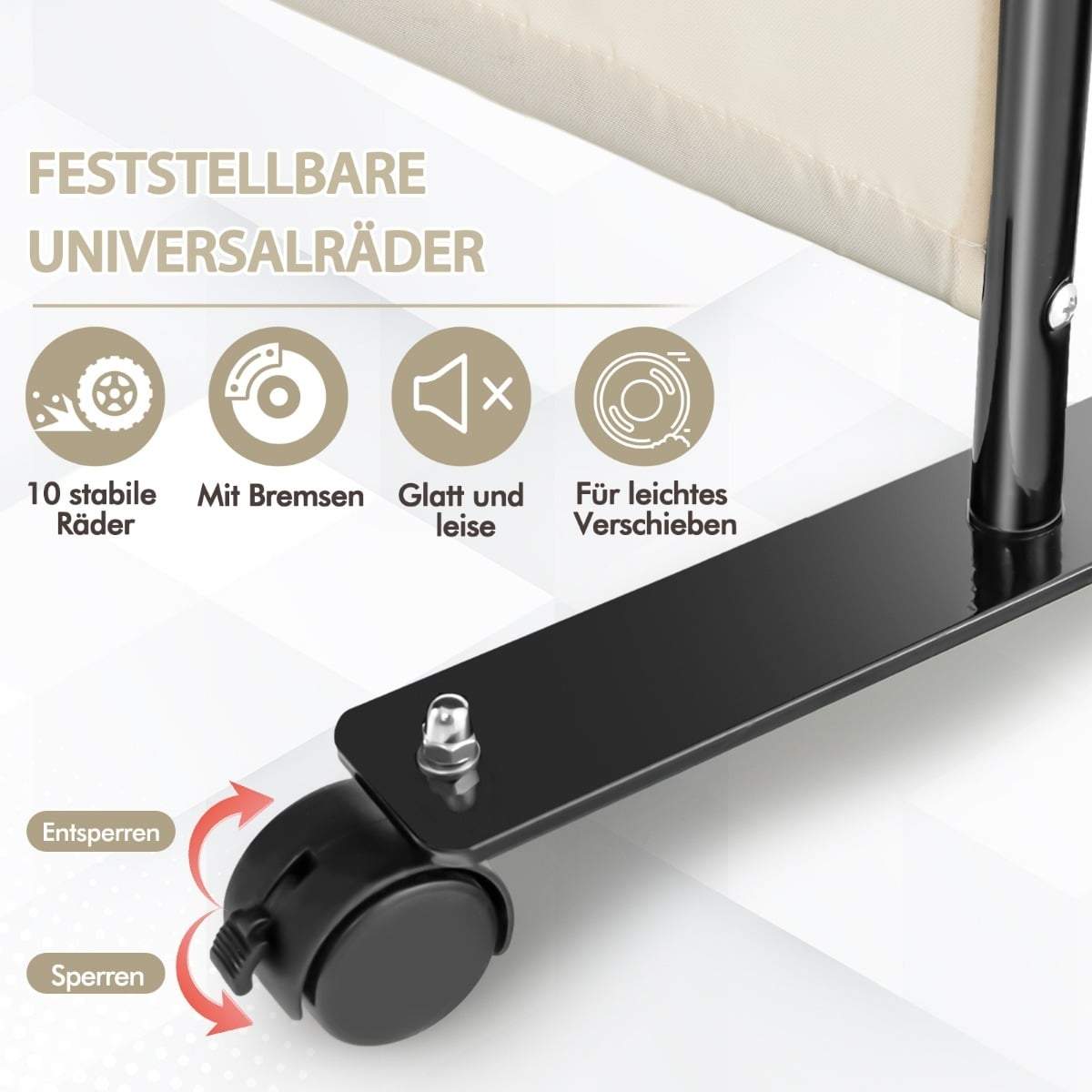 4-panels rumdeler med hjul – beige, 173 cm høj