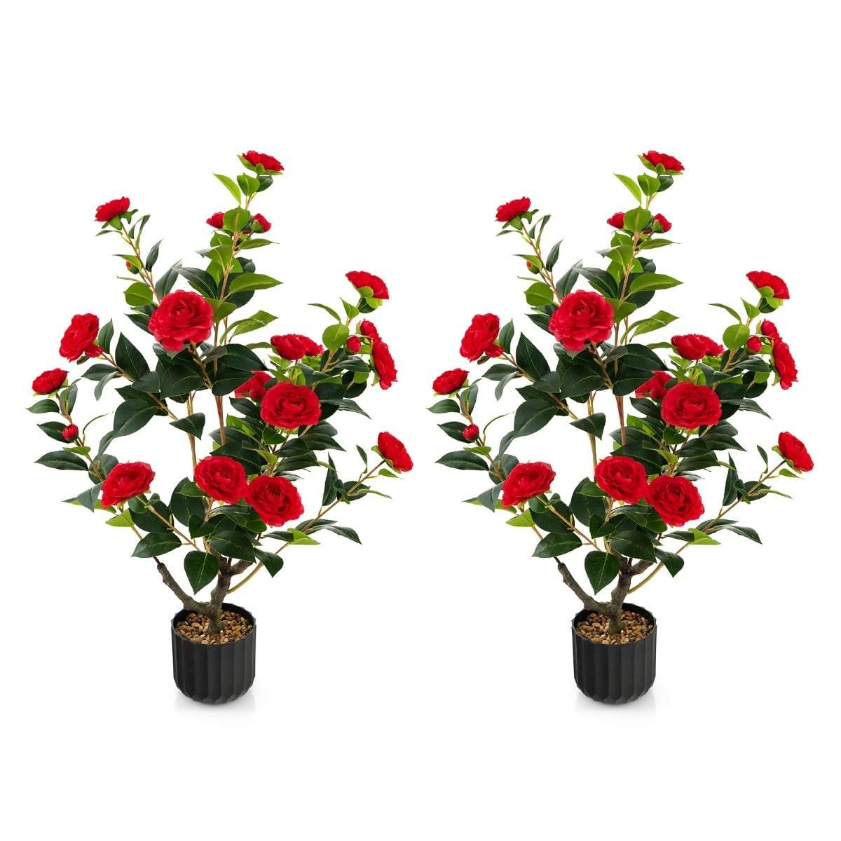 Kunstig kameliatræ 95 cm – Silkeblomster og cementpotte