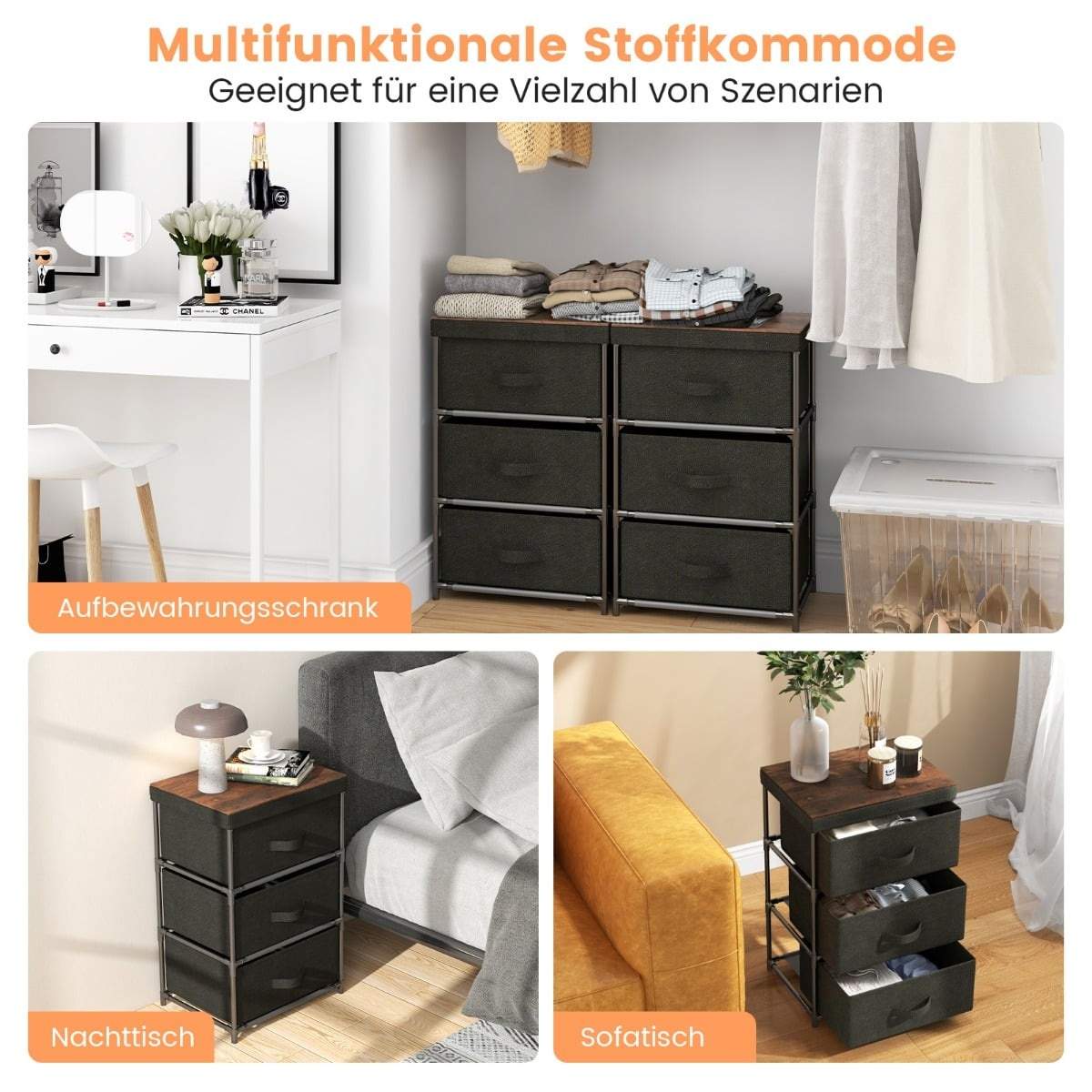 Natbord med sort metalramme – 3 stofskuffer, 40x30x62 cm