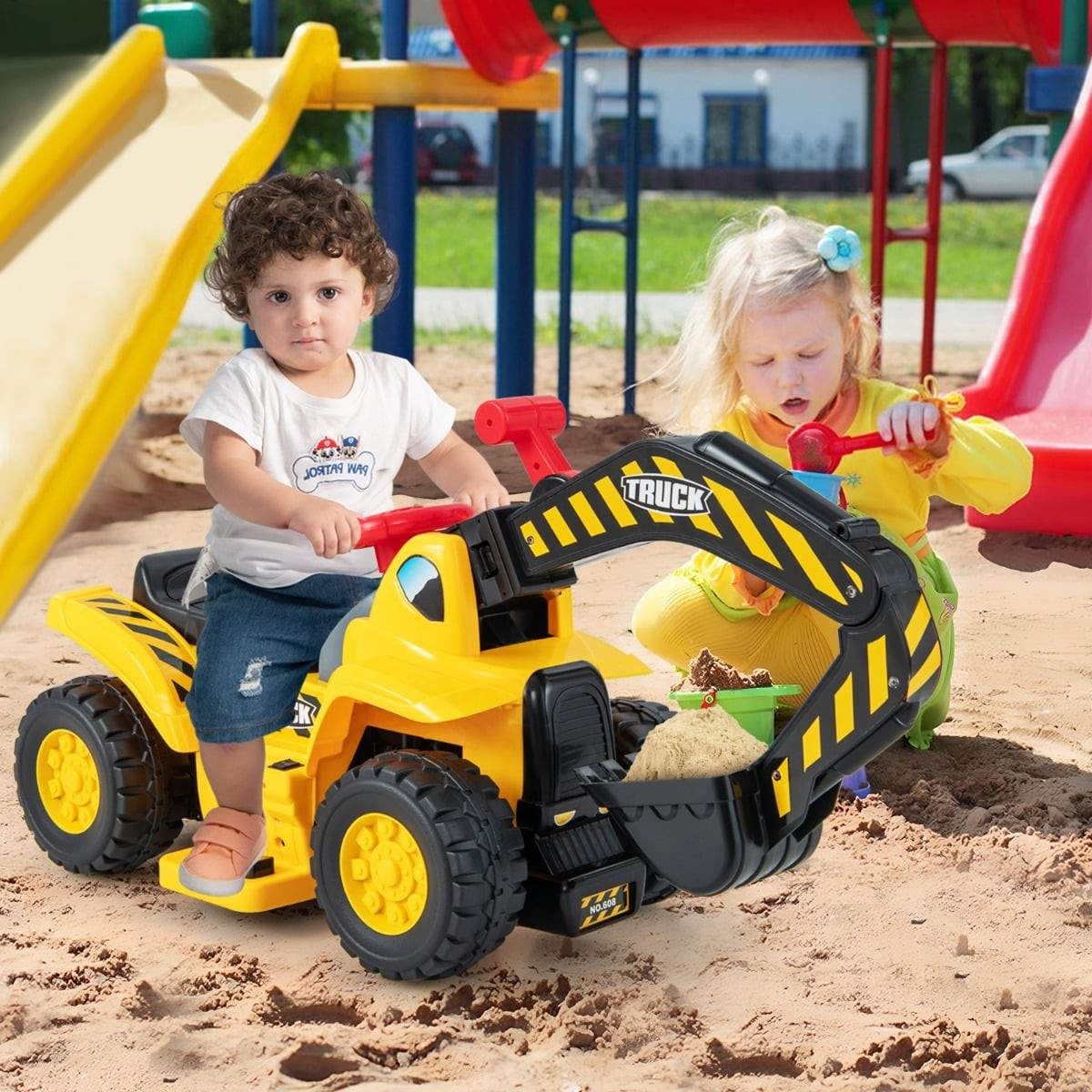 Elektrisk ride-on gravemaskine med opbevaring og basketballkurv