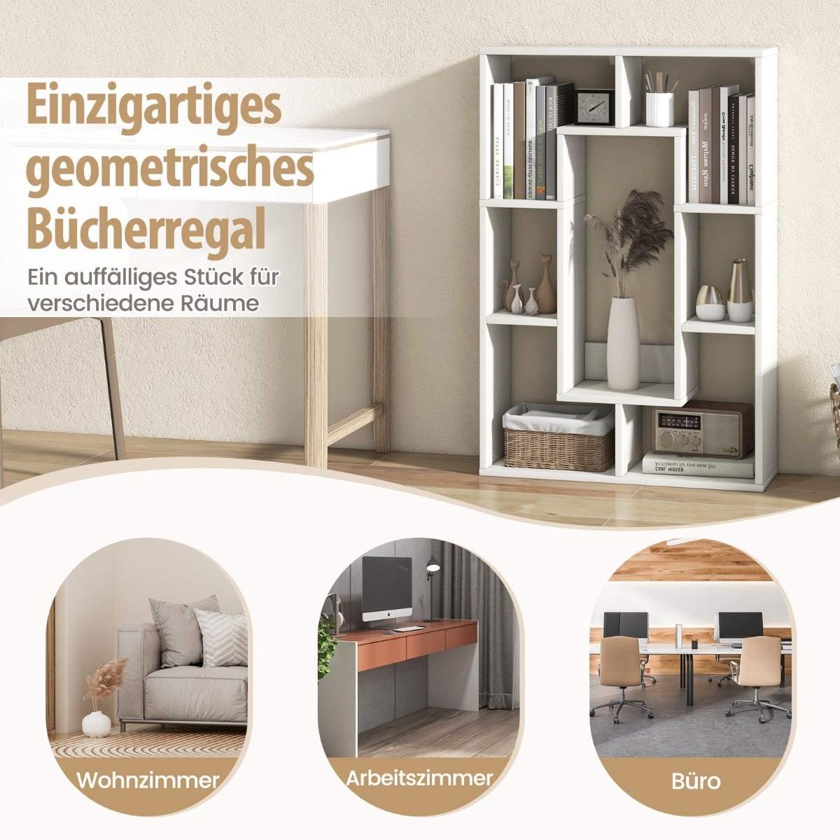 Hvid geometrisk bogreol – 7 hylder, anti-tip design