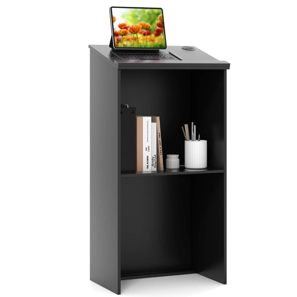 Stående læsepult med hylde og kabelhåndtering – sort