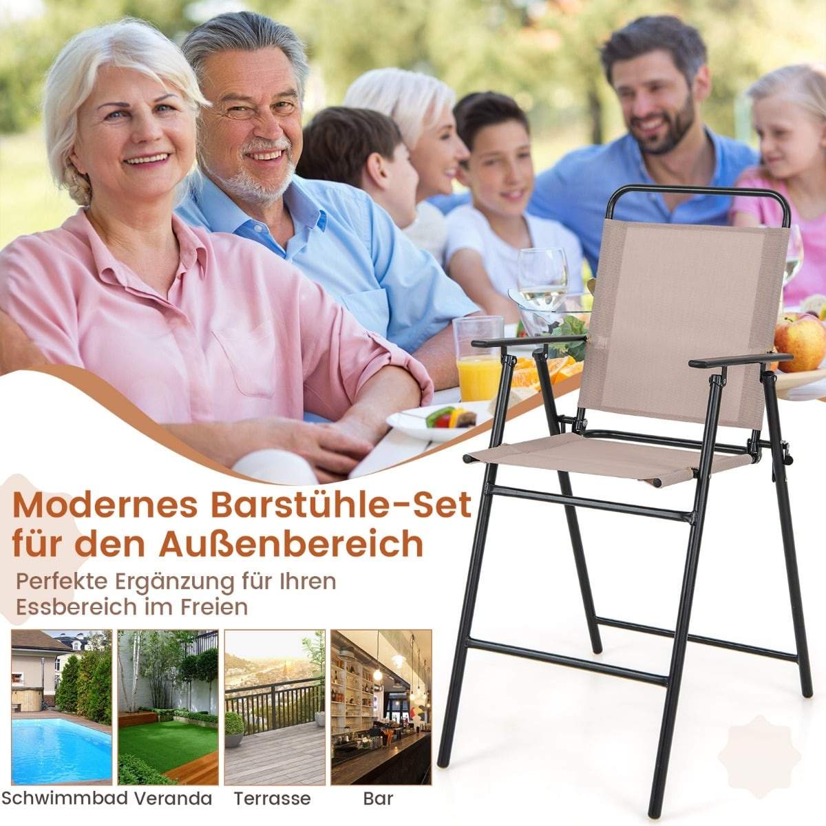 Hopfällbara barstolar för utomhusbruk, set om 2 – beige, metallram | Hem & Hobby | Pryloteket