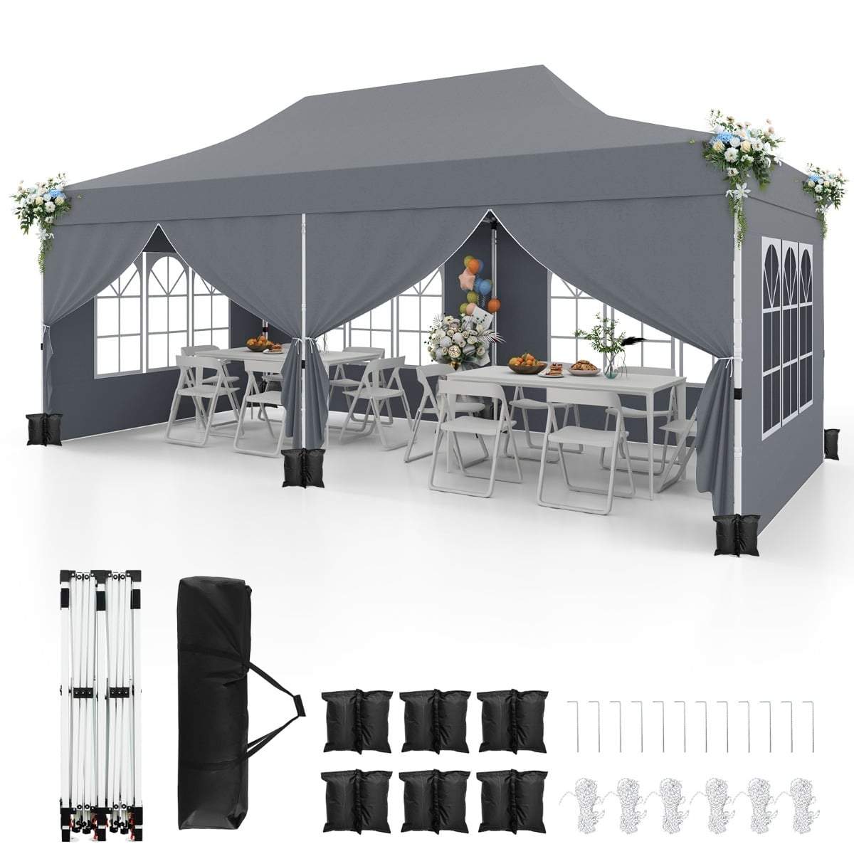 3x6m gråt pop-up-telt med aftagelige vægge