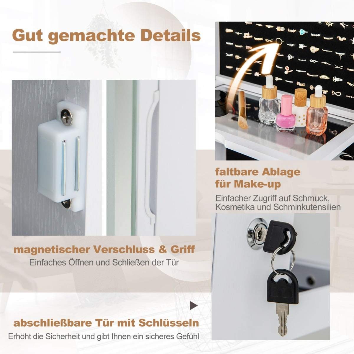 Smykkeskab med spejl og justerbare LED-lys