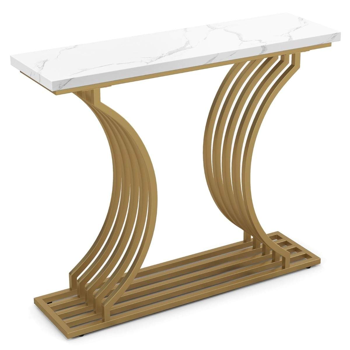 Hvidt konsolbord i imiteret marmor – guldfarvede metalben, nem montering