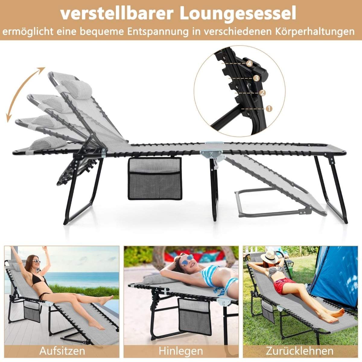 Hopfällbar solsäng med justerbart ryggstöd och sidoficka | Hem & Hobby | Pryloteket