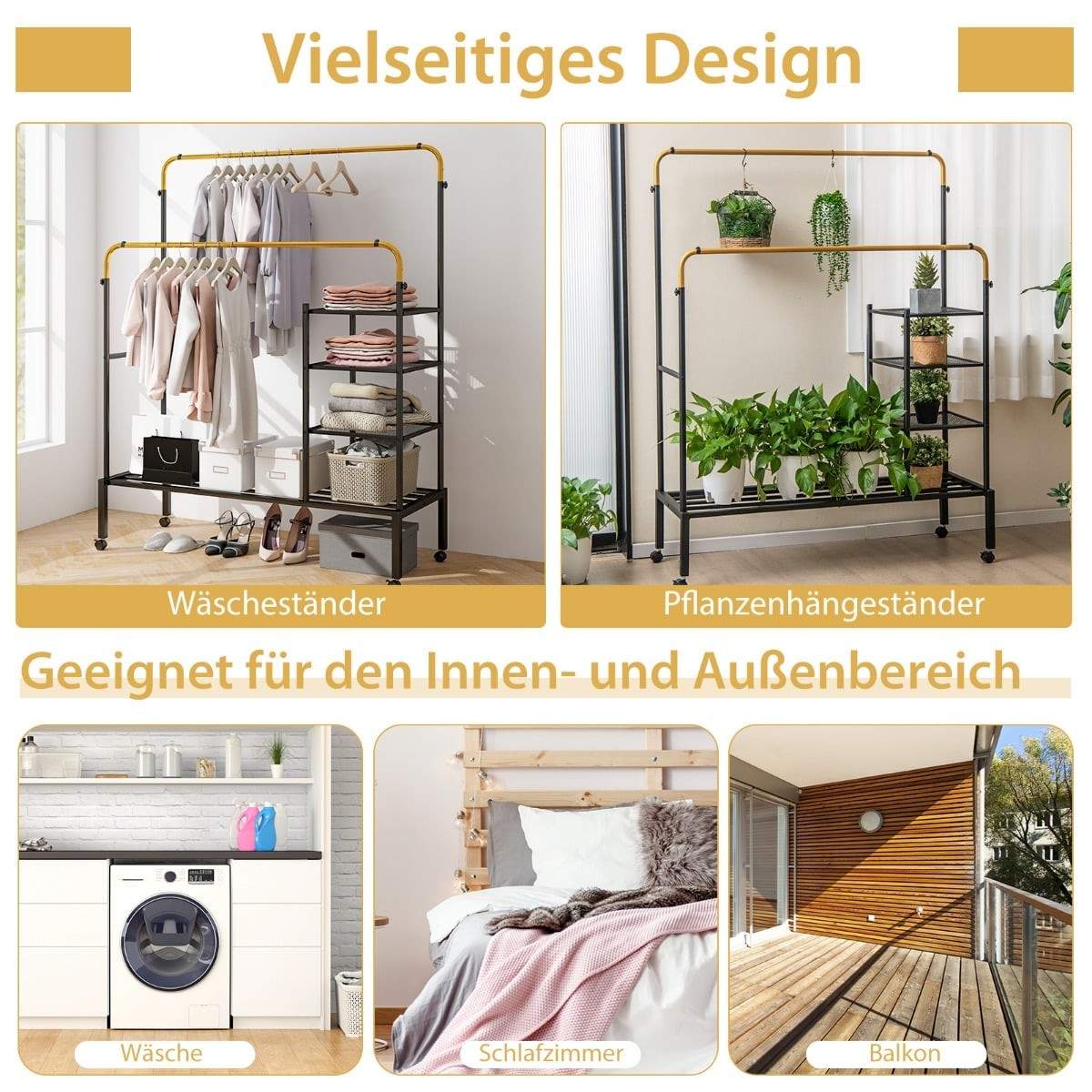 Justerbart tøjstativ med dobbelt stang – guld, rullende og robust