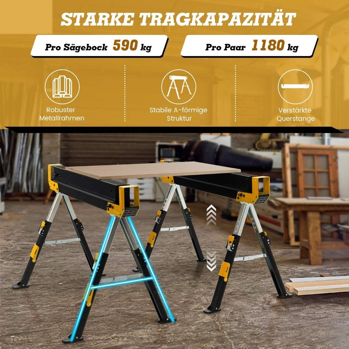 Justerbara fällbara sågbockar, 1180 kg kapacitet, set om 2 | Hem & Hobby | Pryloteket