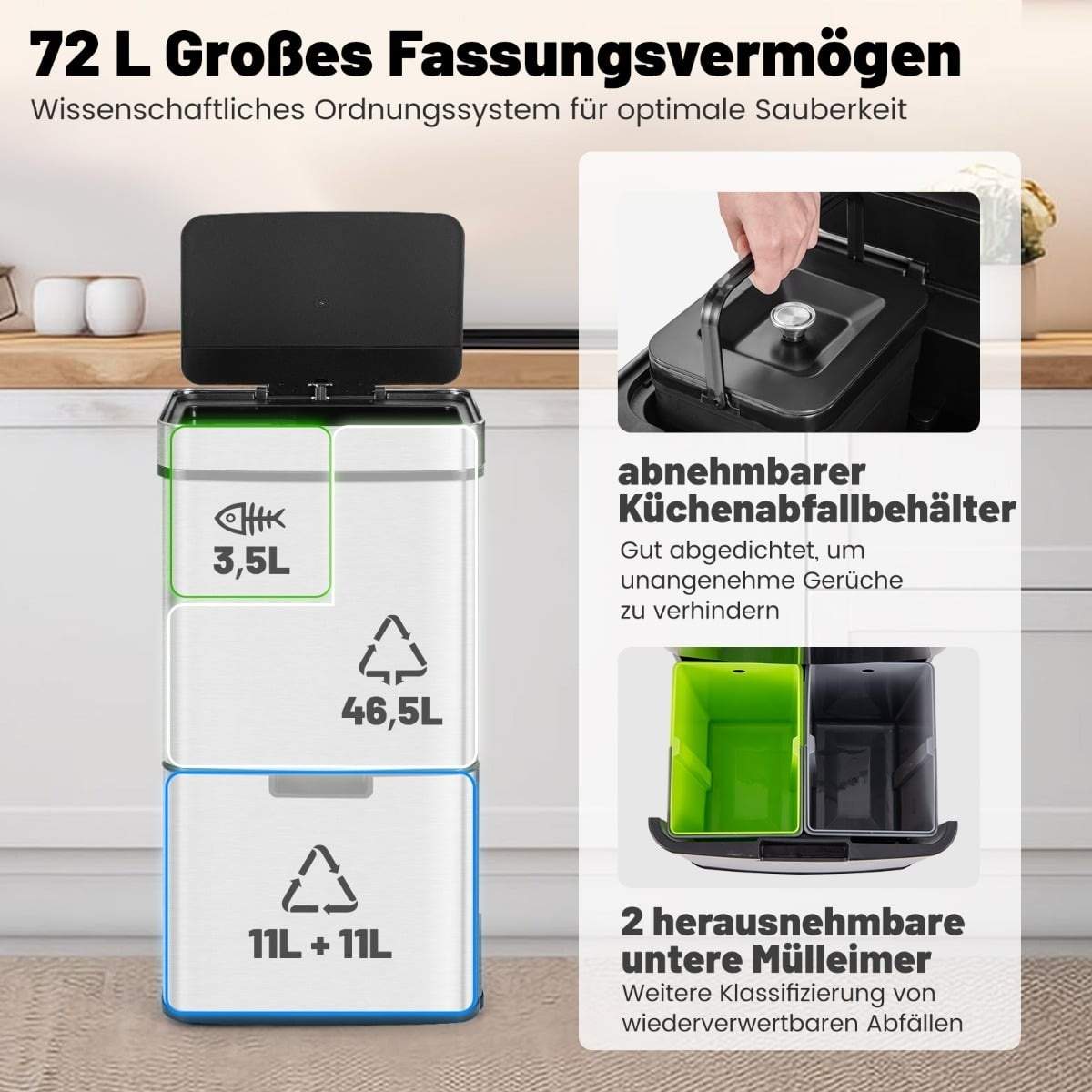 Berøringsfri skraldespand i rustfrit stål – 72 l, sensoraktiveret