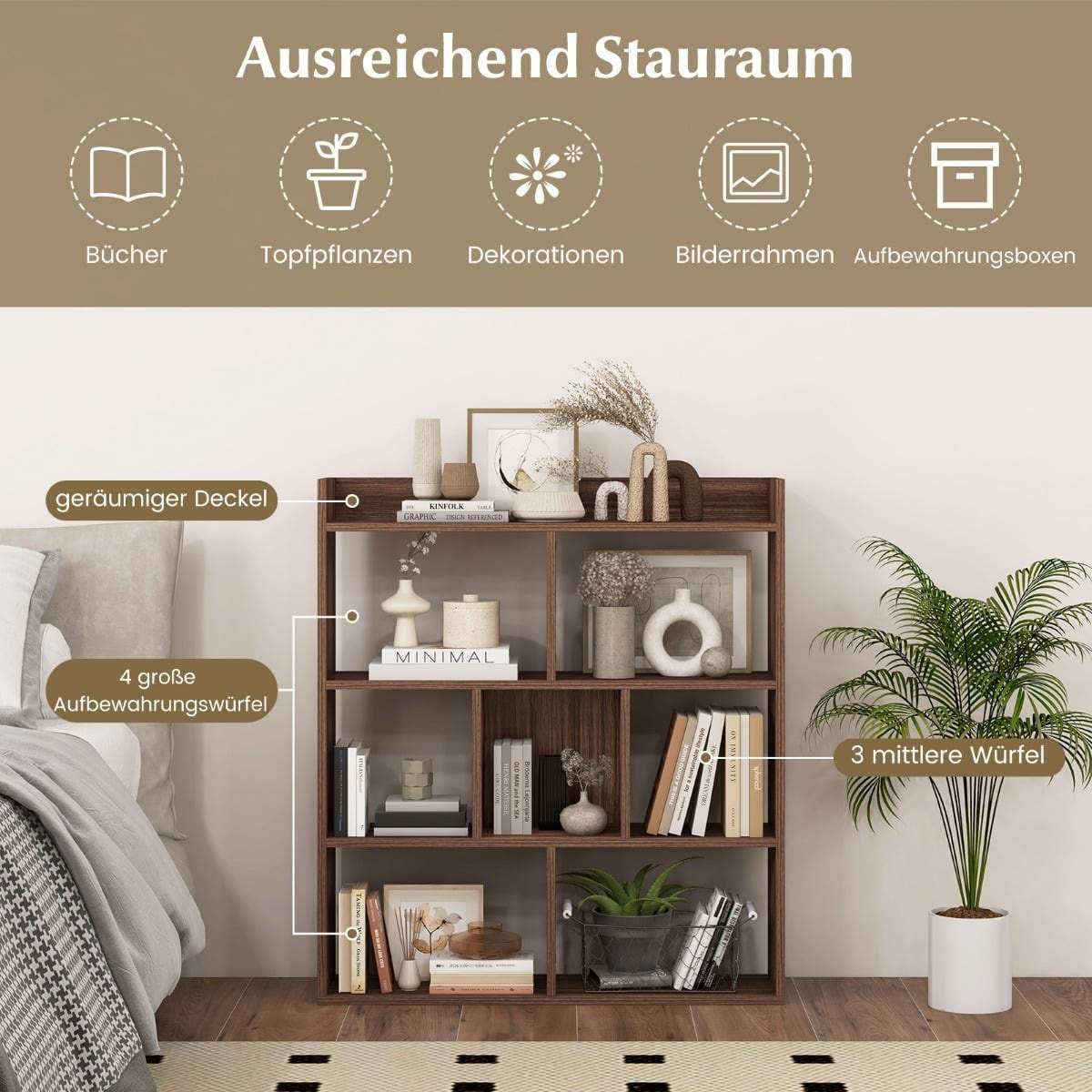 Valnøddebogreol med 7 kuber – Holdbart design med anti-tippefunktion