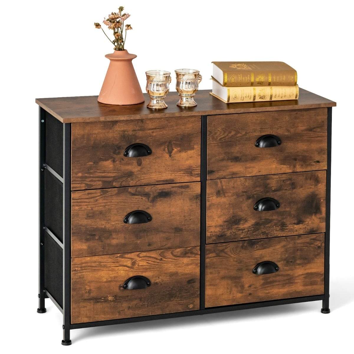 Byrå med 6 lådor – Tyg, metallram, rustik stil | Hem & Hobby | Pryloteket