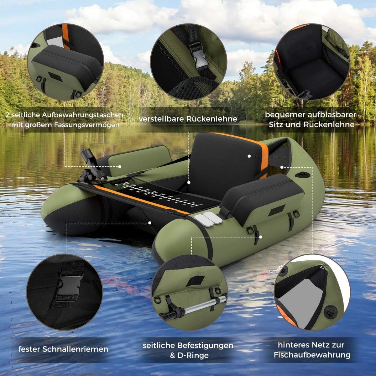 Uppblåsbar fiskeflotte med justerbart ryggstöd, 135x109x54 cm | Hem & Hobby | Pryloteket