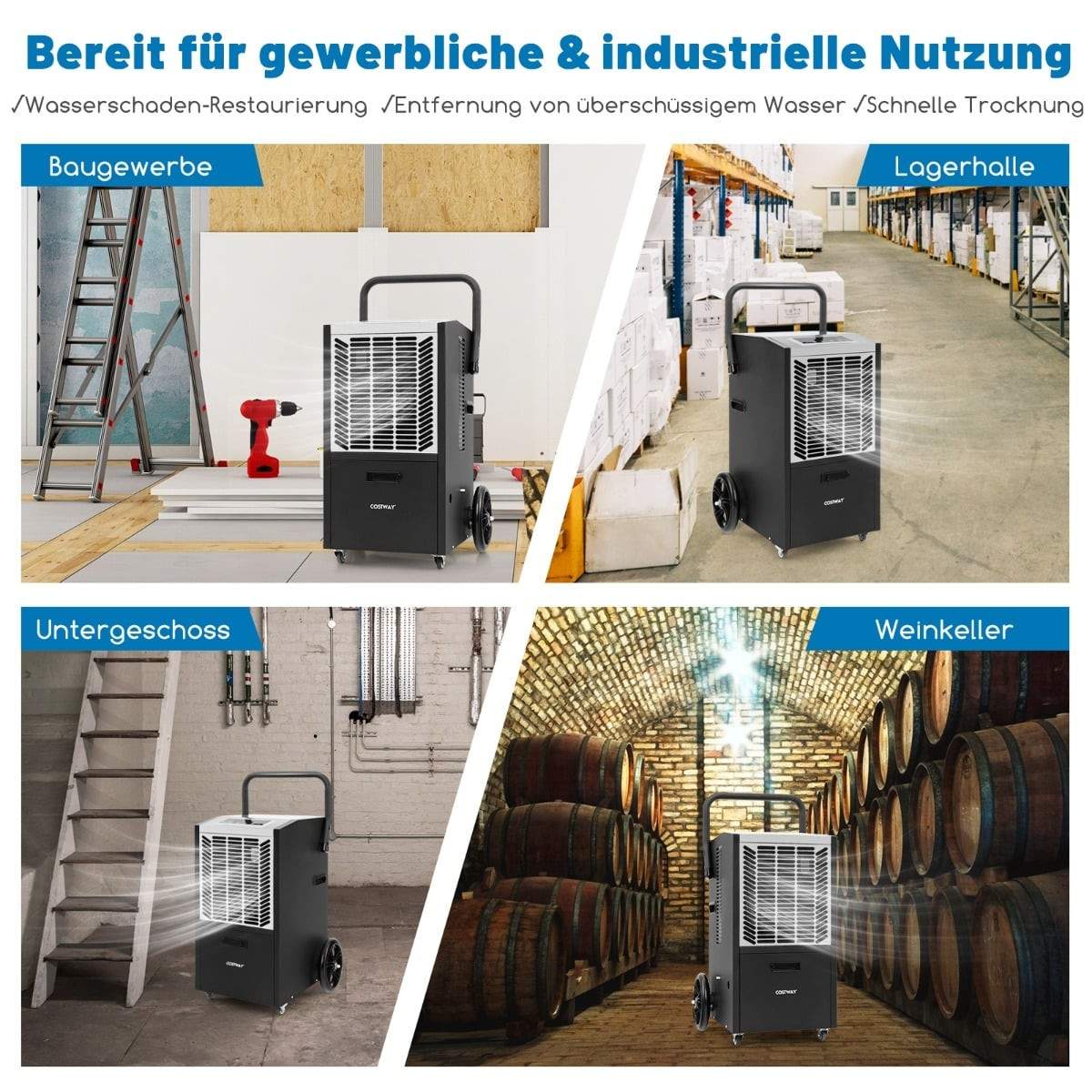 Kommerciel affugter 66 l/dag – Pumpe, timer, hjul