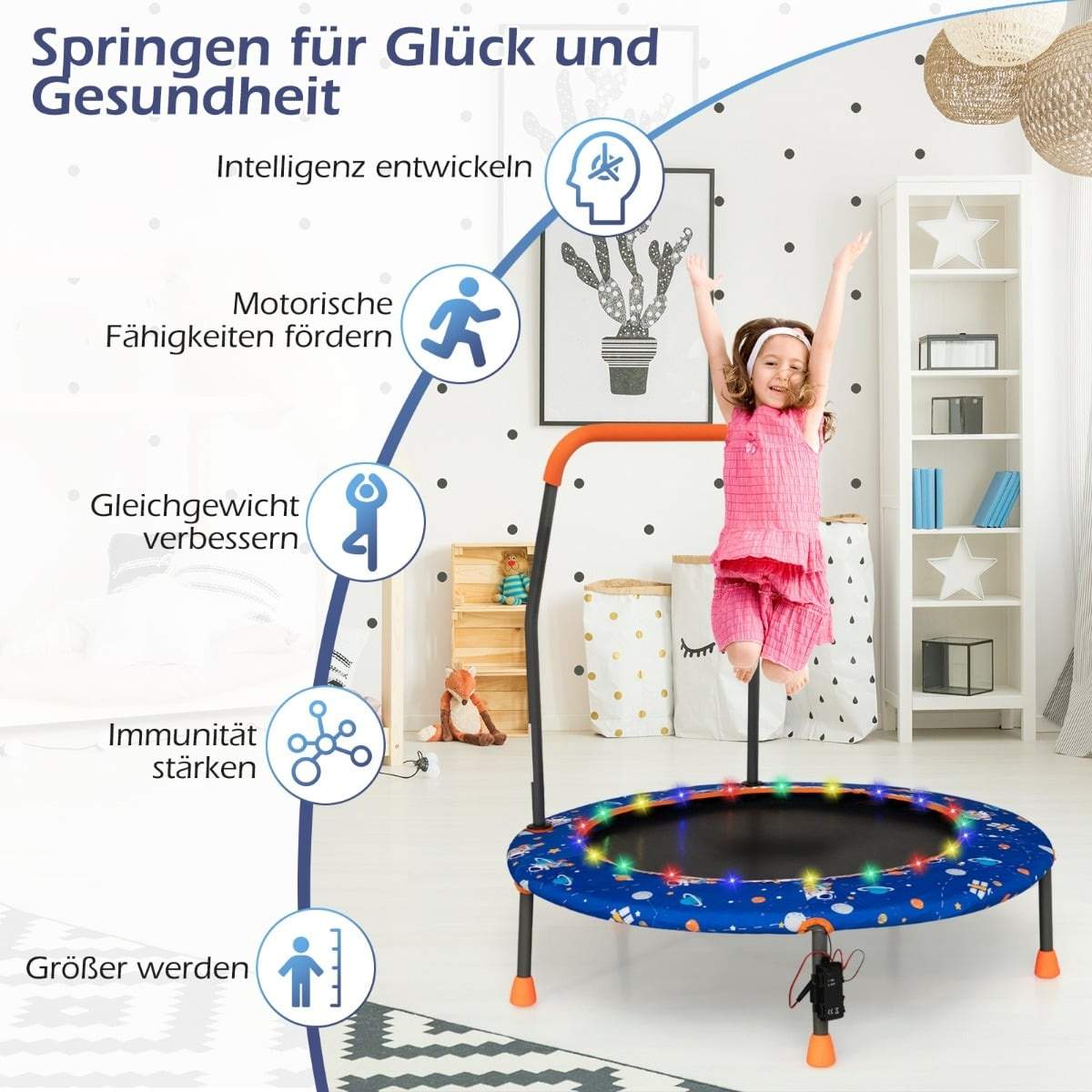 Mini-trampolin til børn med LED-lys og aftageligt håndtag