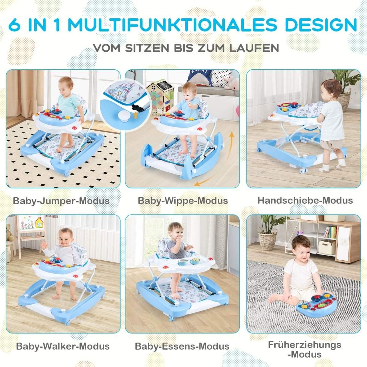 6-i-1 gåstol med aftagelig legebræt – Blå