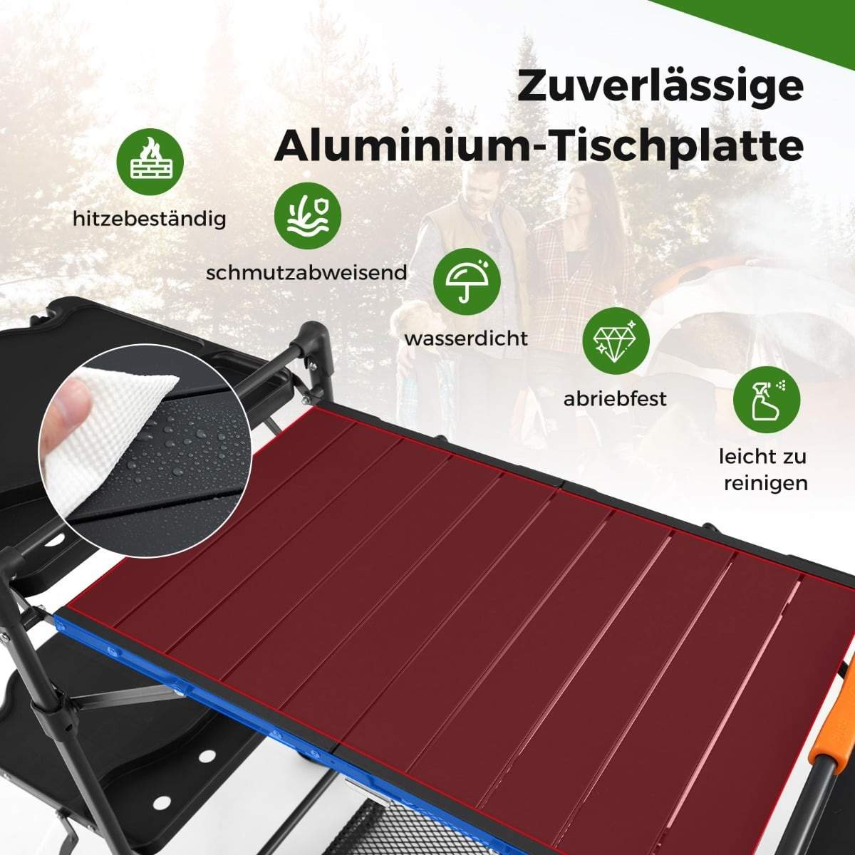 Bærbart campingkøkken med bordplade i aluminium