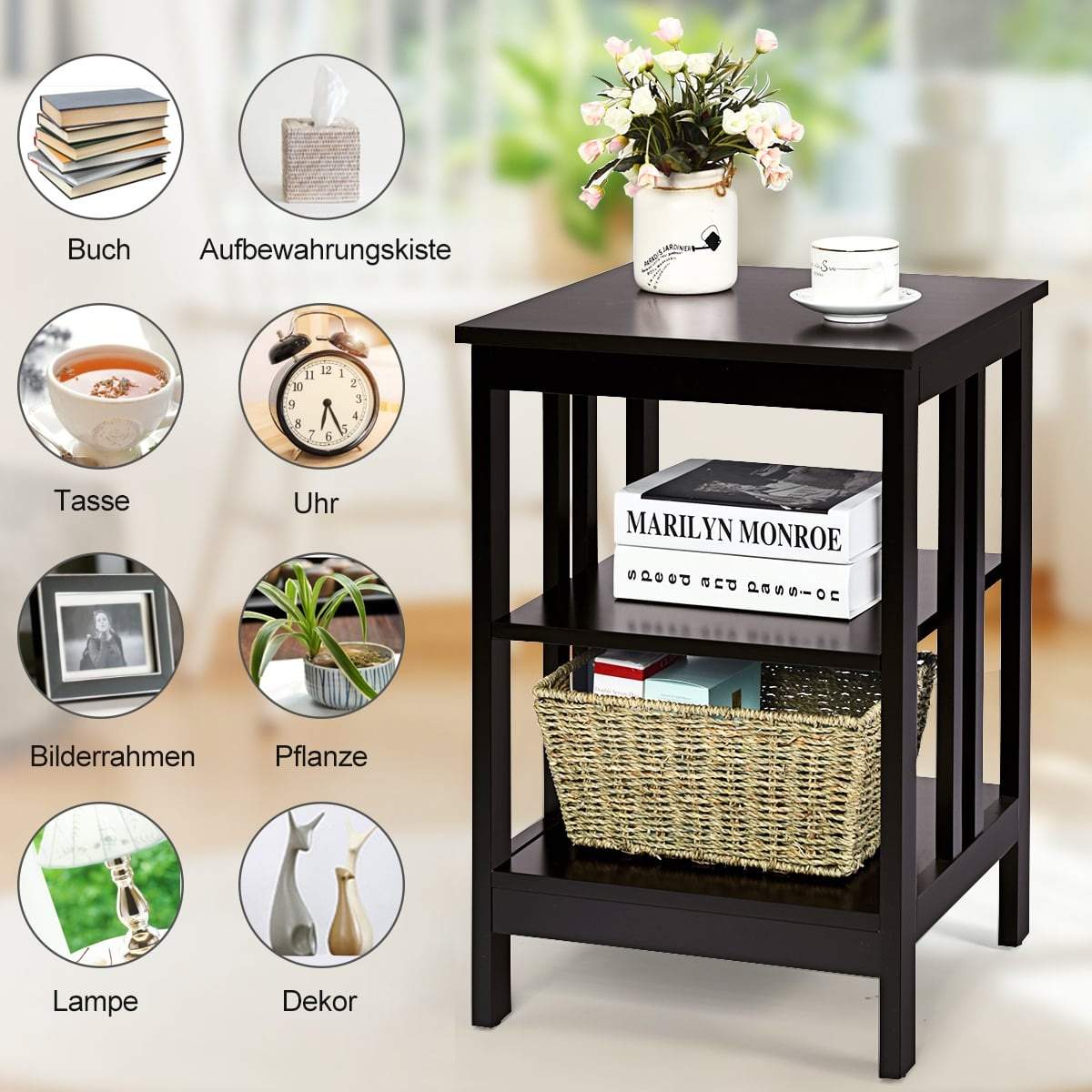 Nattduksbordsset med 3 våningar – MDF, kaffefärgad finish, 40x40x61 cm | Hem & Hobby | Pryloteket