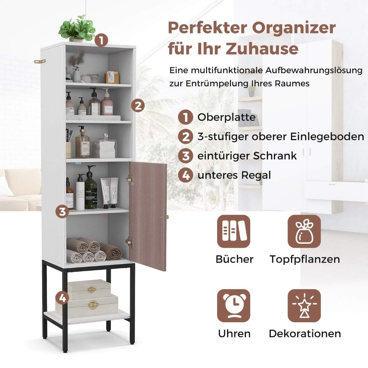 Højt badeværelsesskab – Slankt, fritstående, justerbare hylder