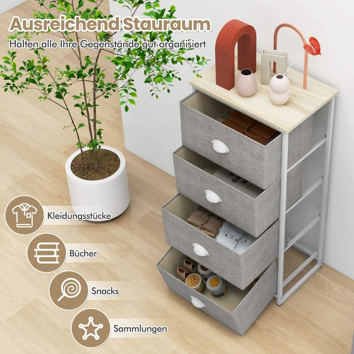 Stofkommode med 4 skuffer – metalramme, MDF-plade, 45x30x94 cm