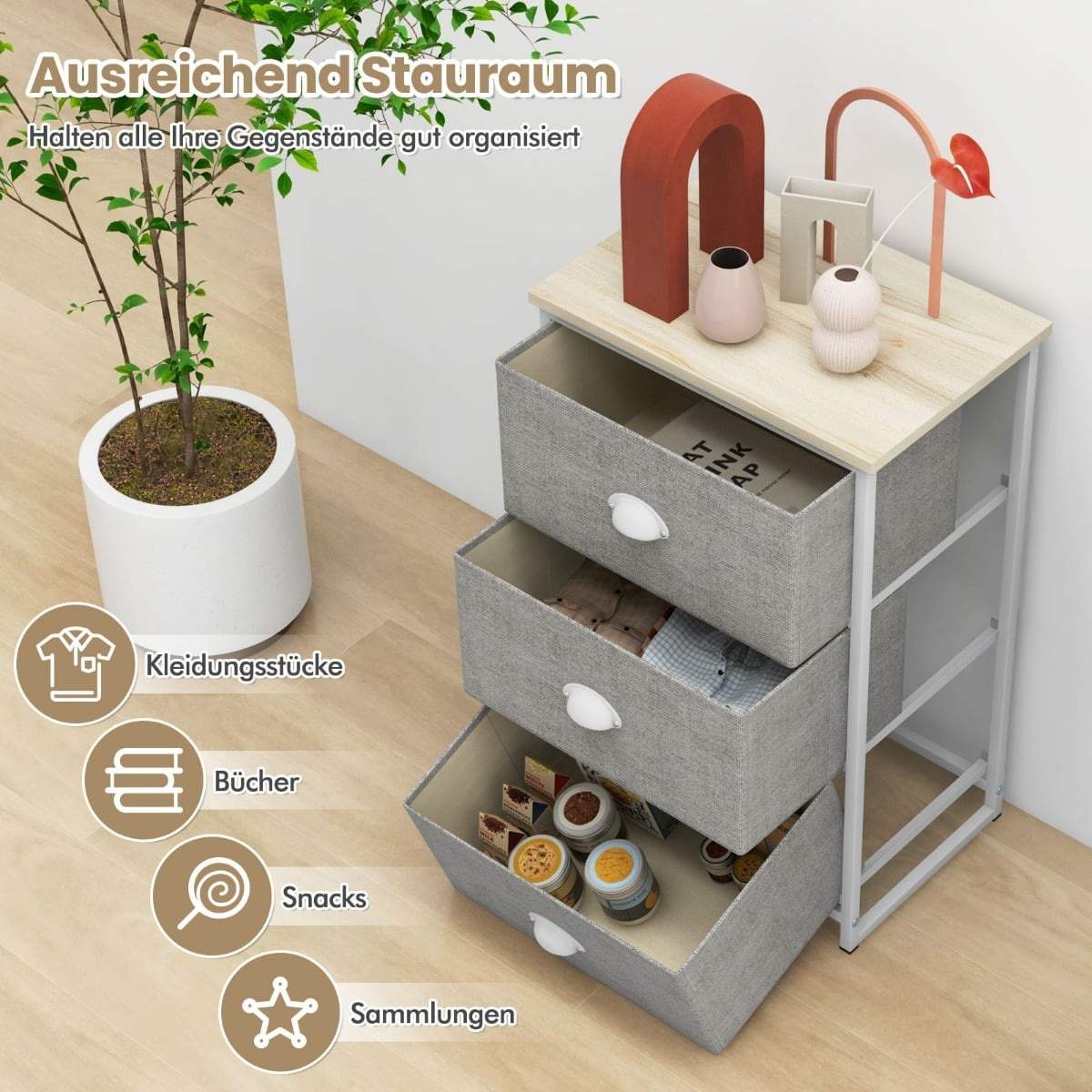 Kommode med 3 skuffer – stof, metalramme, 45x30x73 cm