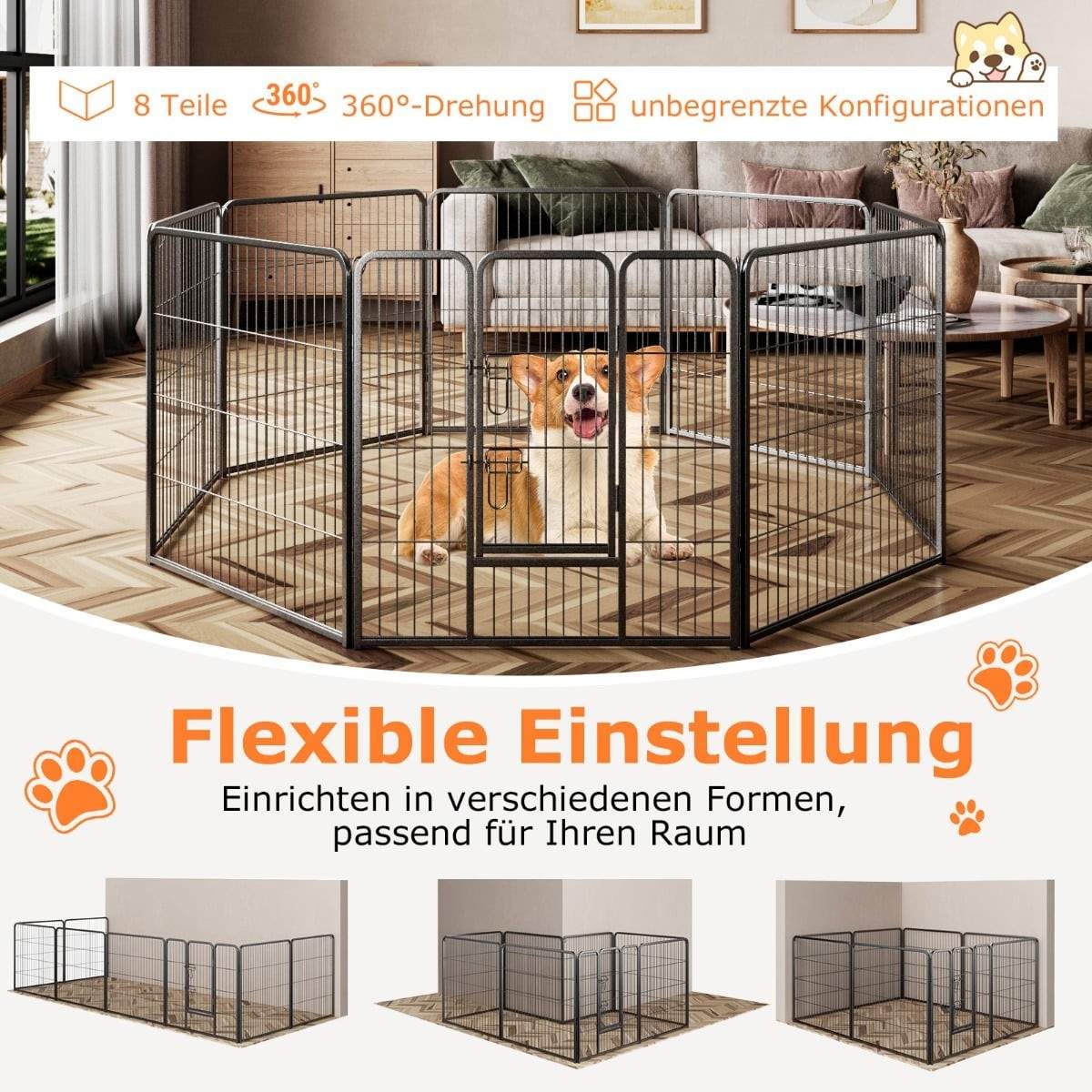 Kæledyrskravlegård – 80 cm høj, 8 paneler, metal, sort